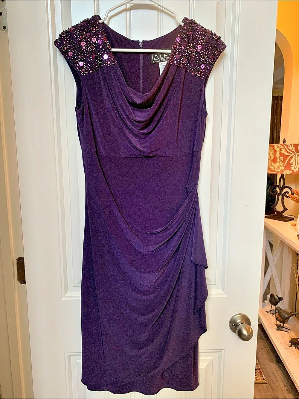 Alex Evenings Draped Embellished Midi Dress in Purple Size 6 Like New